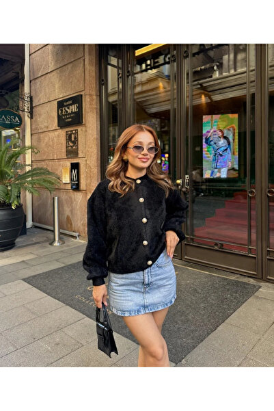 Store Elchee inci düğmeli sıfır yaka balon kol kadın yumoş hırka