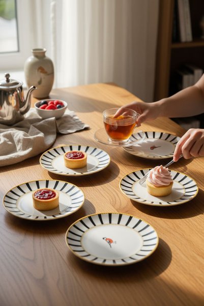 Kezze Kuş Figürlü Modern Çizgili Pasta-Tatlı Servis Tabağı (1 Adet)