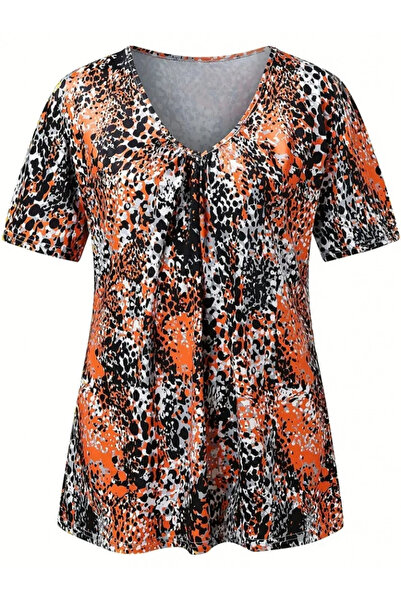 GENCULUS Women's V-Neck Colorful Leopard Pattern Gather Detail Single Jersey Blouse