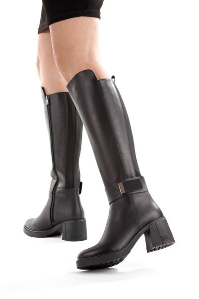 Modabuymus Black Genuine Leather Elastic Thick Heel Women's Boots Sun444