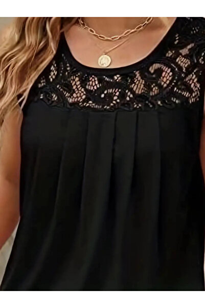 GENCULUS Women's Strappy Round Neck Lace Detailed Viscose Blouse