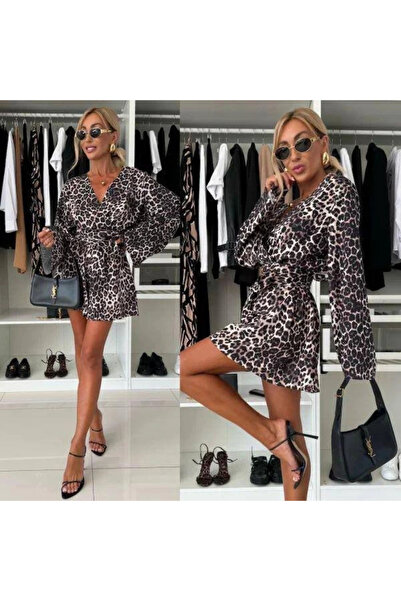 GENCULUS Women's Alaş Sleeve Double Breasted Collar Zebra Pattern Shorts Jumpsuit