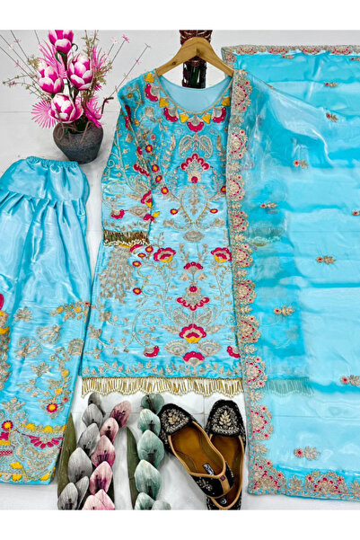 MYSMAR Sky Blue Jimmy Chu Top Bottom Dupatta - HRT4628 | Sky Blue