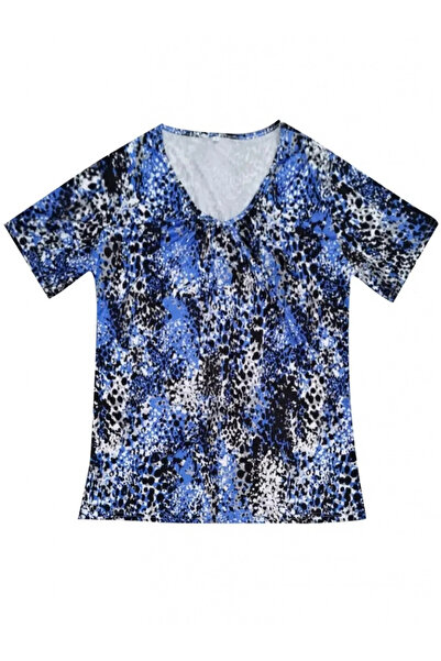 GENCULUS Women's V-Neck Colorful Leopard Pattern Gather Detail Single Jersey Blouse