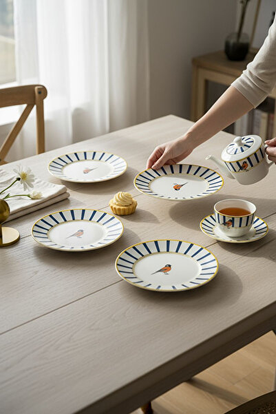 Kezze Kuş Figürlü Modern Çizgili Pasta-Tatlı Servis Tabağı (1 Adet)