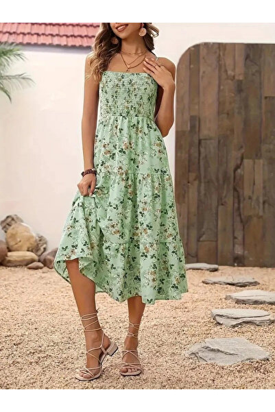 GENCULUS Women's Patterned Long Single Jersey Dress with Wide V-Neck and Rope Strap