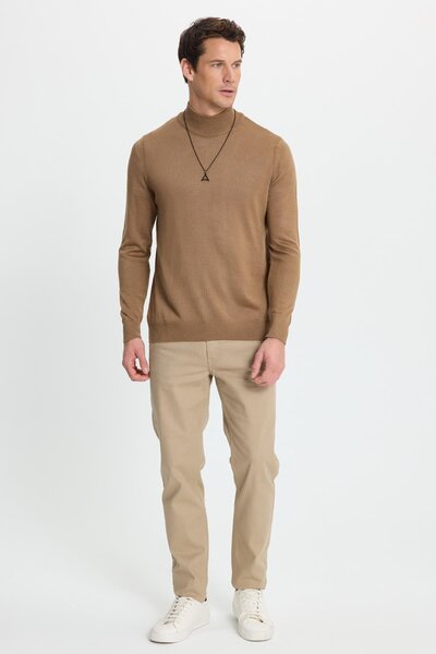 Tudors Men's Standard Fit Regular Cut Half Turtleneck Plain Dark Mink Knitwear Sweater