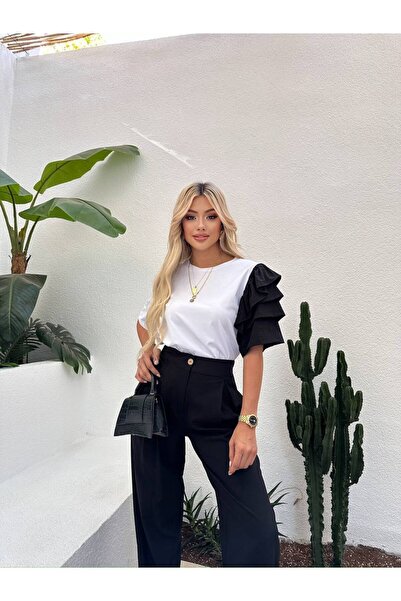 OLSAMODA Women's Sleeve-Detail T-Shirt Woven Casual Pants Double Set