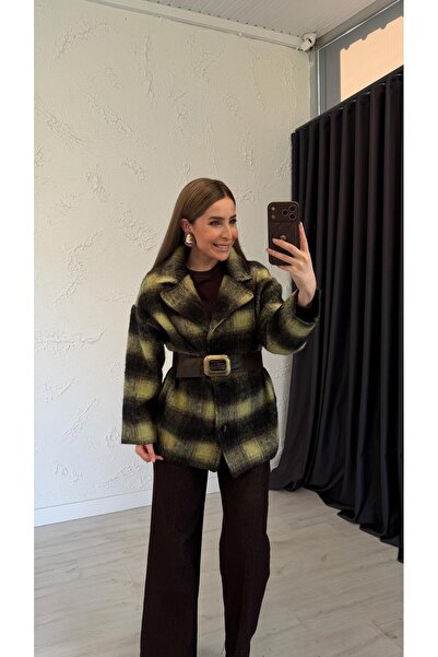 elif teke Lime Leather Belted Coat Lime