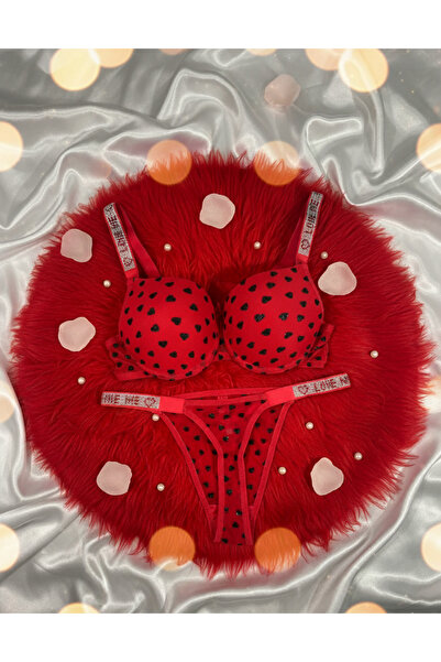 Yume Comfort Kırmızı Kalpli Desenli Destekli Push Up Taşlı Askılı Sütyen Stri...