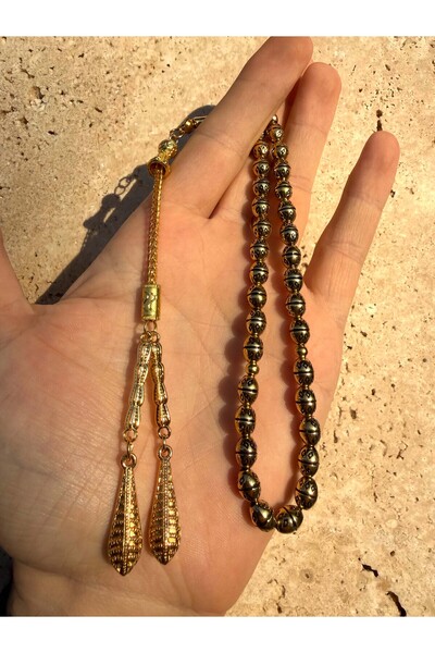 A-STİL TAKI Double Drop Tassel Embroidered Pure Gold Plated Rosary