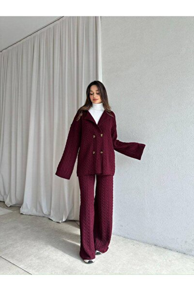 Narstorm Women's Braided Burgundy Knitwear Buttoned Jacket Set