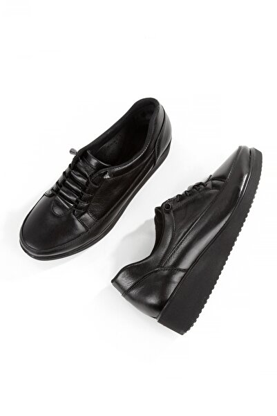 Modabuymus Black Genuine Leather Anatomical Rubber Laced Casual Lightweight Women's Shoes Maan