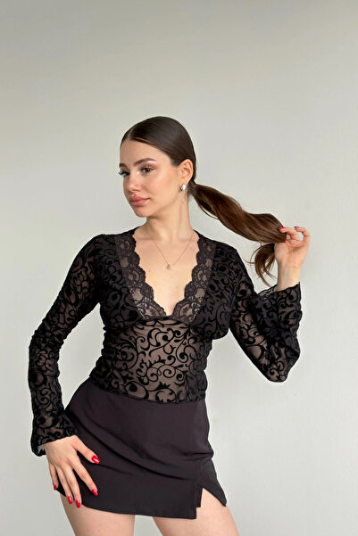 MİROR Women's V-Neck Patterned Lace Spanish Sleeve Blouse