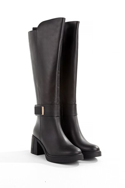 Modabuymus Black Genuine Leather Elastic Thick Heel Women's Boots Sun444