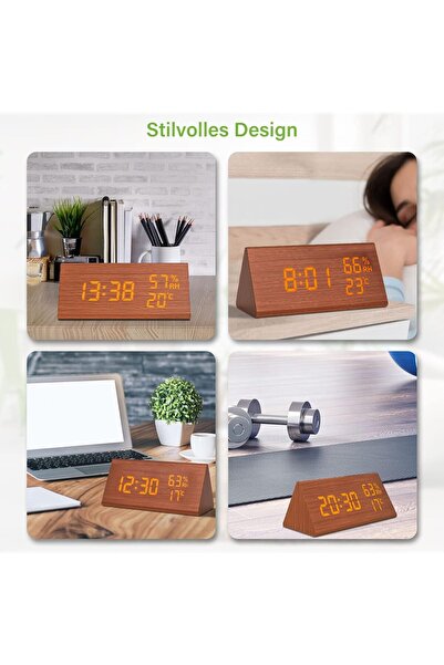 VORRINC Digital Alarm Clock Wood Effect - Voice Control, Date, Temperature & Humidity (Brown)
