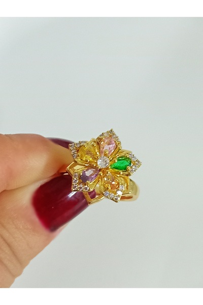 mos&more by mosev Çelik Dönen Renkli Çiçek Ayarlanabilir Şık Yüzük