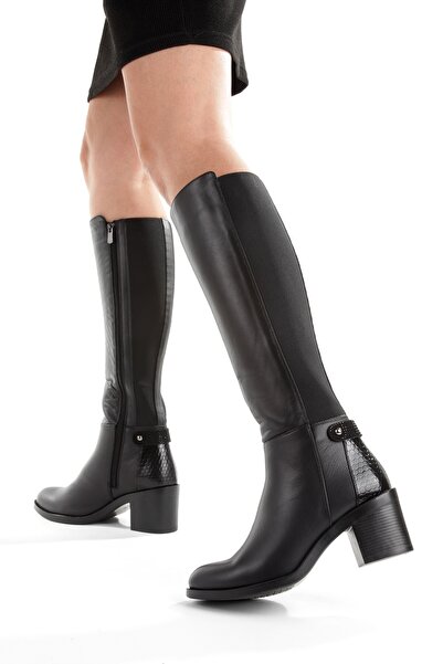 Modabuymus Black Genuine Leather Elastic Thick Heel Women's Boots Bicheno