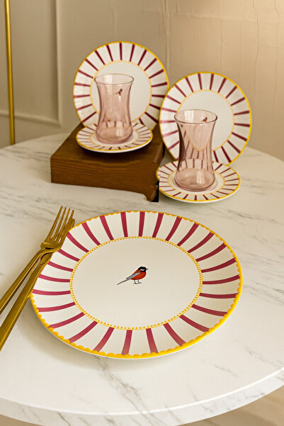 Kezze Kuş Figürlü Modern Çizgili Pasta-Tatlı Servis Tabağı (1 Adet)