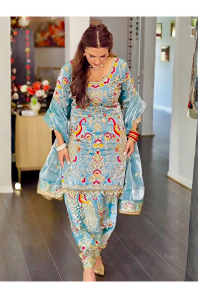 MYSMAR Sky Blue Jimmy Chu Top Bottom Dupatta - HRT4628 | Sky Blue