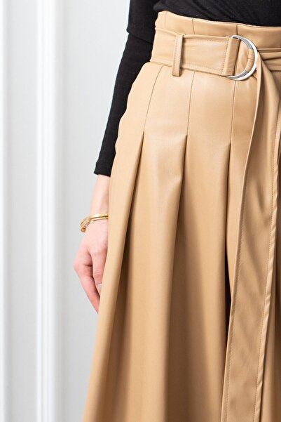 GİYSİ DÜNYASI 57 Suny Leather Fabric Side Zipper Slit Detail Long Skirt