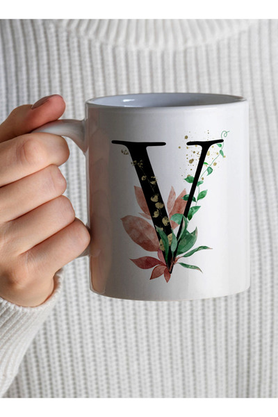 LOWHA 11 oz Ceramic Mug with Letter V Design on Both Sides