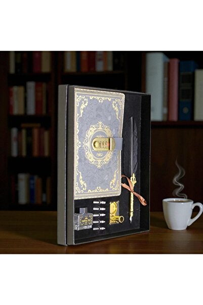 Kuzey Tacı دفتر ملاحظات عتيق مع قفل سري ومجموعة أقلام ريشة ديفيت هوكا كبيرة ا...