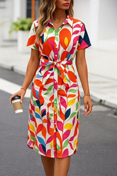 GENCULUS Women's Short Sleeve Collared Button Front Draped Patterned Single Jersey Dress