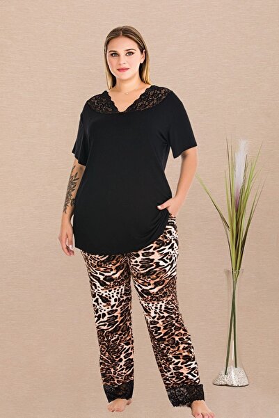 lidofya طقم بيجامة بأكمام قصيرة وياقة على شكل حرف V ونقشة الفهد مقاس كبير