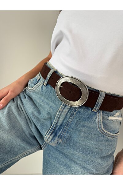 coaksco Women's Large Oval Buckle Suede Bitter Brown Belt