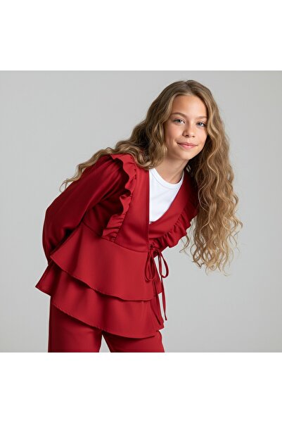 FESSHERA KİDS Girl's Suit with Ruffles Stylish and Comfortable Crepe Fabric Ruffled Double-Breasted Collar Two-Piece Suit Kimono
