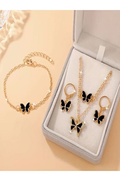 Alyas Aksesuar 4 Piece Stone Butterfly Jewelry Set Black