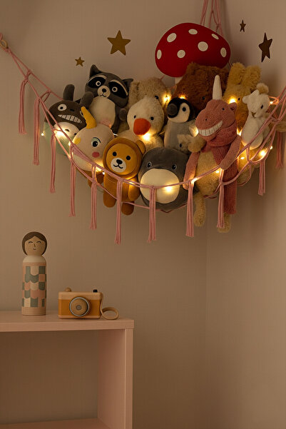 LilJoy Işıklı Pembe Çocuk Odası Organizeri Pamuklu Oyuncak Hamağı Duvar Süsü ...