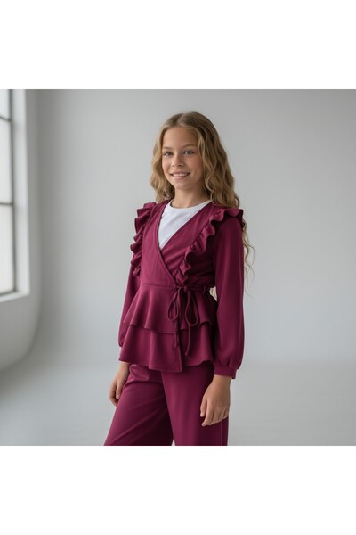 FESSHERA KİDS Girl's Suit with Ruffles Stylish and Comfortable Crepe Fabric Ruffled Double-Breasted Collar Two-Piece Suit Kimono