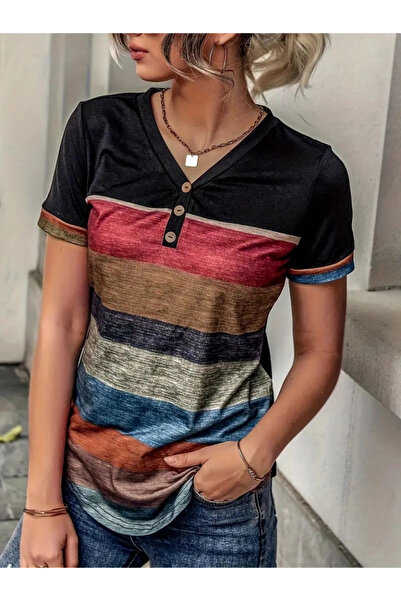 GENCULUS    Women's Short Sleeve V-Neck Button Multi Color Single Jersey Blouse