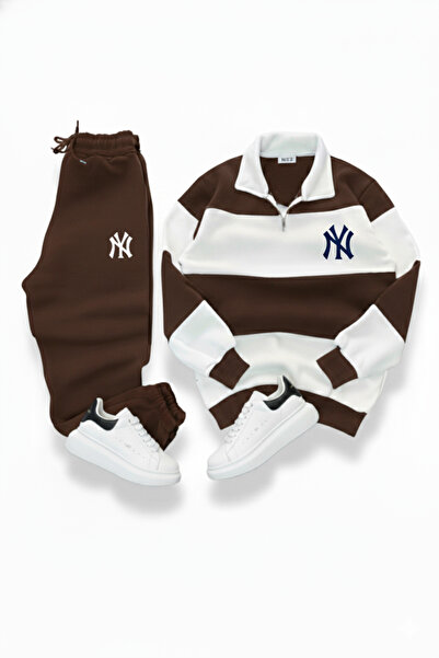 NİCE Brown Color Unisex Five Piece Mock Neck Ny Printed Tracksuit Set-Top Bottom Set