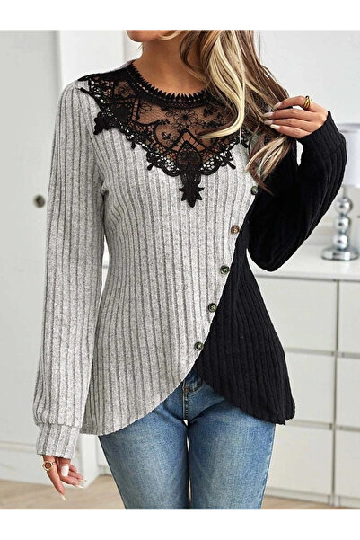 GENCULUS    Women's Long Sleeve Lace Collar Side Buttoned Raised Camisole Blouse