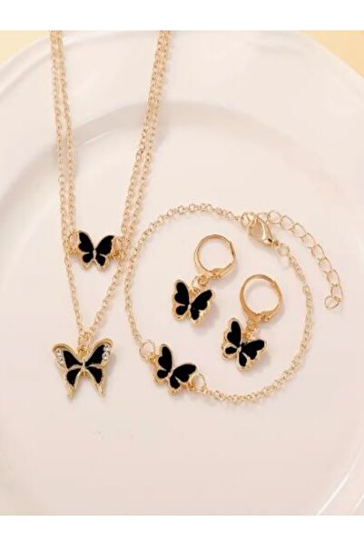 Alyas Aksesuar 4 Piece Stone Butterfly Jewelry Set Black