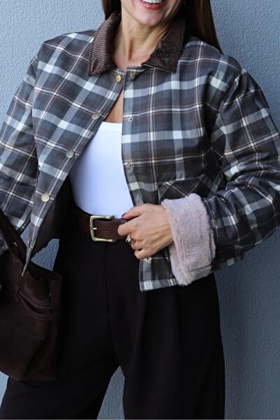 Suziş Velvet Collar with Fur Detail on the Inside, Plaid Jacket Cr52110001