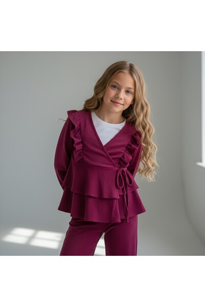 FESSHERA KİDS Girl's Suit with Ruffles Stylish and Comfortable Crepe Fabric Ruffled Double-Breasted Collar Two-Piece Suit Kimono