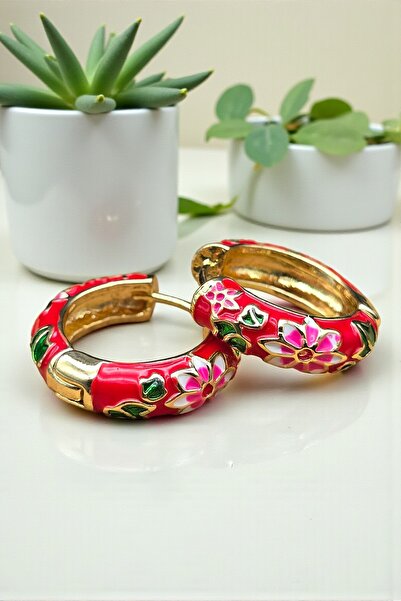 NBS Beautiful Naturel Stones أقراط نسائية من مينيلي، لون ذهبي، زهرة حمراء، نح...