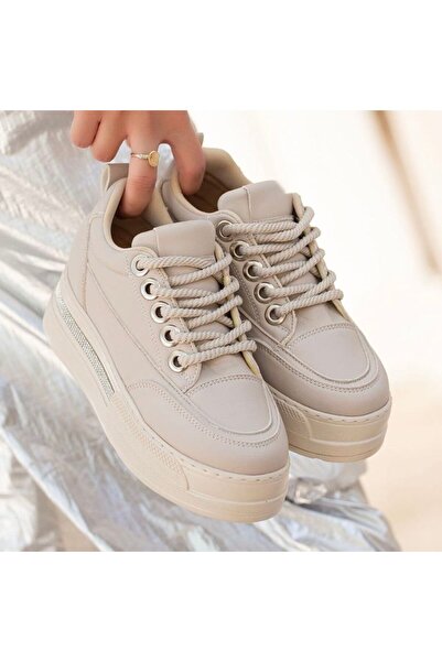 FRESCO SCARFS Lulu Beige Leather Lace-Up Sneakers 259679