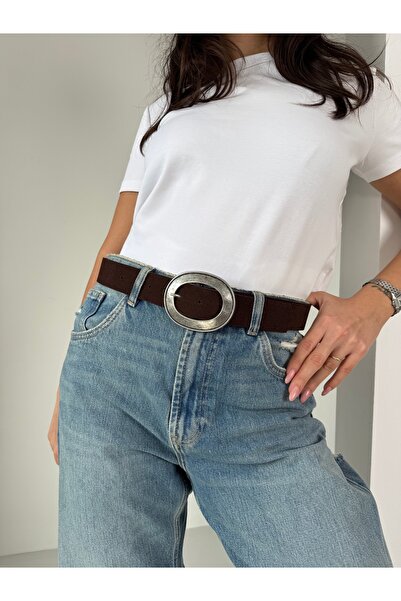 coaksco Women's Large Oval Buckle Suede Bitter Brown Belt