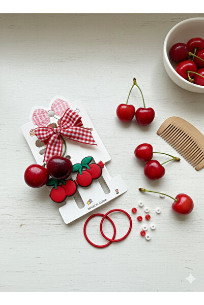 HEK LİFE 2'li Kiraz Figürlü Saç Tokası Seti Pötikare Fiyonk ve Mineli Kiraz K...