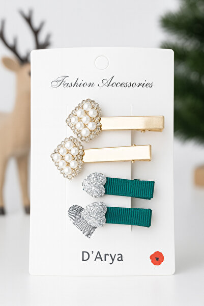 Darya Dd612 Gold Pearl Stone & Silver Glitter Heart Hair Clip Set (4-Piece) Mother Daughter – Stylish and Christmas-Themed