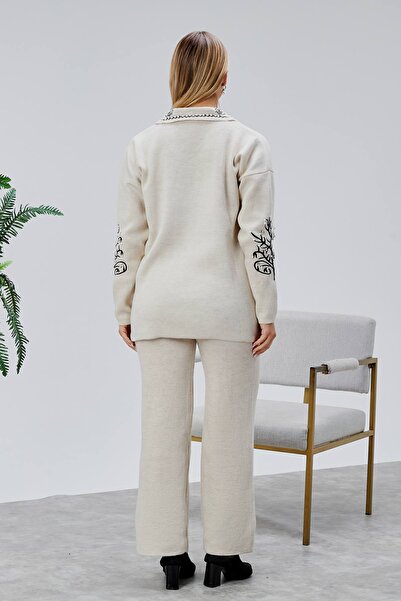 Jinx Wear Fashion Women's 2-Piece Acrylic Knitwear Set with Collar and Sleeve Lace Detail and Pearl Detail