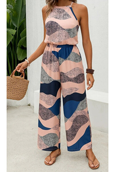 GENCULUS Women's patterned diver jumpsuit with elastic waist and neckline open shoulders