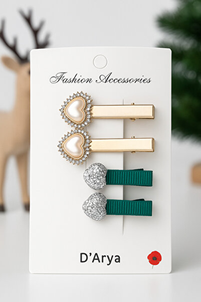 Darya Dd613 Mother Daughter Gold Pearl Heart & Silver Glitter Heart Hair Clip Set (4-Piece) – Stylish and Sparkling