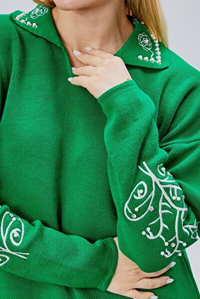 Jinx Wear Fashion Women's 2-Piece Acrylic Knitwear Set with Collar and Sleeve Lace Detail and Pearl Detail