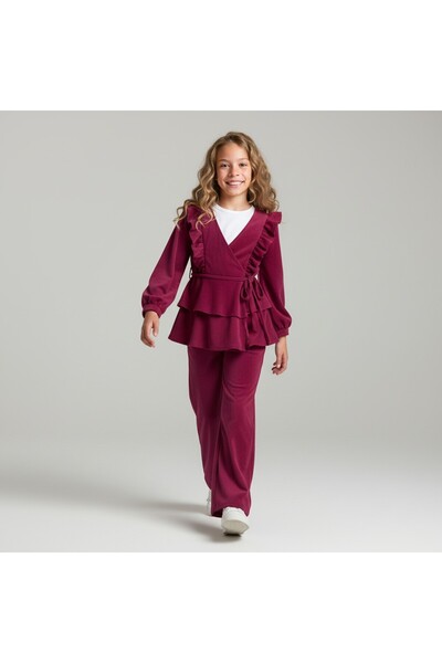FESSHERA KİDS Girl's Suit with Ruffles Stylish and Comfortable Crepe Fabric Ruffled Double-Breasted Collar Two-Piece Suit Kimono